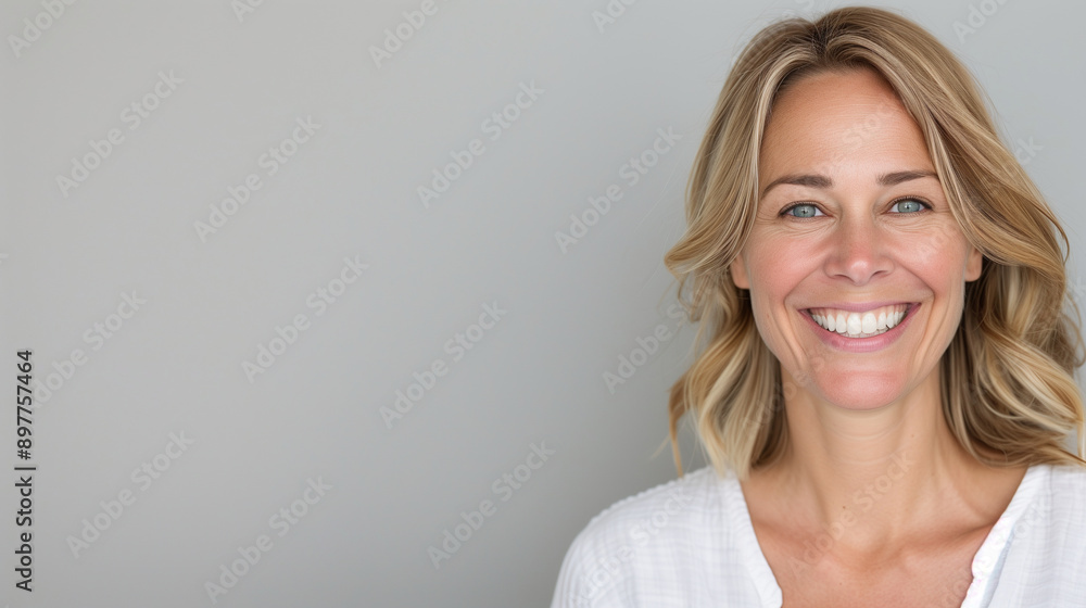 Woman with beautiful blonde hair and a radiant smile on a plain gray background, happy, natural Woman with beautiful blonde hair and a radiant smile on a plain gray background, happy, natural