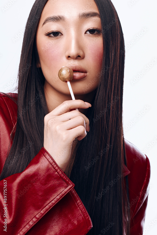 Stylish woman with long black hair and red jacket sucking on lollipop while looking into camera Stylish woman with long black hair and red jacket sucking on lollipop while looking into camera