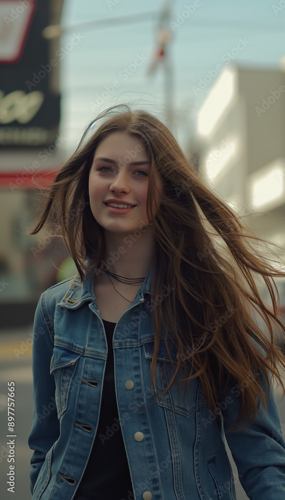 Retrato Cinematográfico de Jovem Mulher de 25 Anos com Cabelos Longos Caminhando na Rua e Sorrindo IA Retrato Cinematográfico de Jovem Mulher de 25 Anos com Cabelos Longos Caminhando na Rua e Sorrindo IA