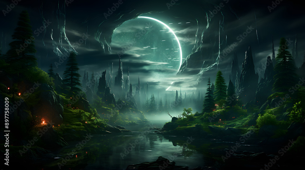 A mystical forest scene under a crescent moon, with tall, dark trees and a river flowing through the center of the frame. Small, glowing lights illuminate the scene. A mystical forest scene under a crescent moon, with tall, dark trees and a river flowing through the center of the frame. Small, glowing lights illuminate the scene.