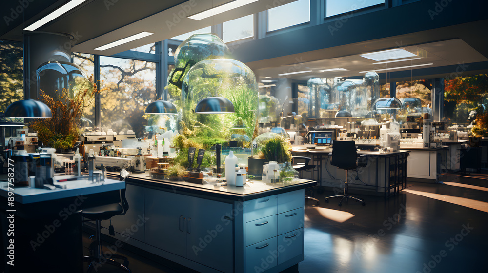 A modern, bright lab space with large glass tanks containing greenery and plant life. The lab has sleek, white cabinetry and polished floors, creating a futuristic and stylish atmosphere. A modern, bright lab space with large glass tanks containing greenery and plant life. The lab has sleek, white cabinetry and polished floors, creating a futuristic and stylish atmosphere.