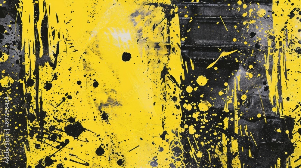 Fototapeta premium Urban street art graffiti poster with grunge and halftone texture in yellow and black. This vintage-style design features a distressed overlay with brush-drawn elements, ink drips, and paint splashes