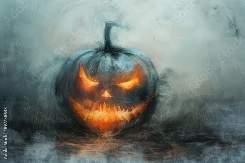 A pastel and charcoal composition of a glowing jack - o' - lantern in an eerie mist photo