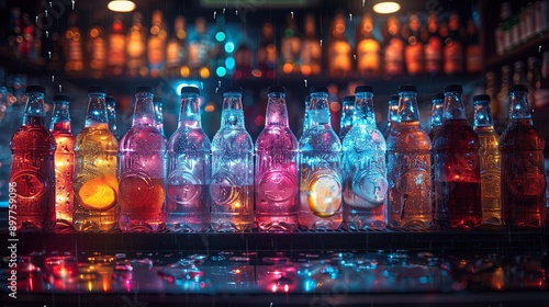 Colorful Bottles Lined Up at a Bar Counter With Blurry Background