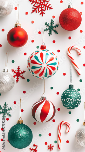 white background with green and red christmas ornament balls on christmas eve