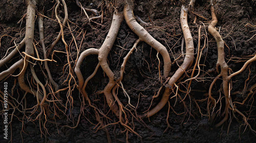 Tree Roots in Soil Close-Up, Underground Texture, Natural Earth Layers, Detailed Root System, Soil and Roots, Environmental Close-Up Tree Roots in Soil Close-Up, Underground Texture, Natural Earth Layers, Detailed Root System, Soil and Roots, Environmental Close-Up