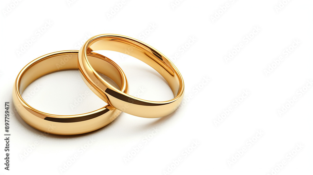 Two Golden Wedding Rings Isolated on White Background, Engagement Rings, Jewelry Close-Up, Marriage Symbol, Love and Commitment