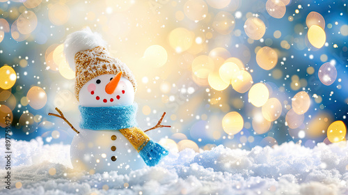 Winter Holiday Christmas Background Banner - Closeup of Cute Funny Laughing Snowman with Wool Hat and Scarf, Snowy Snowscape, Festive Snowman, Winter Wonderland