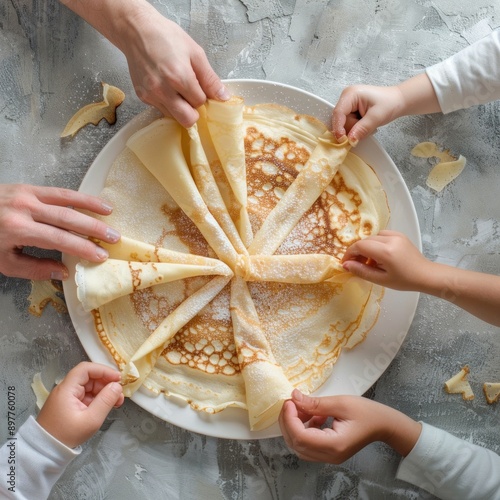 Hands of a family reaching for slices of a large pancake on a gray table. Top view photo representing sharing and togetherness. Ideal for blogs or social media posts on family breakfasts. AI photo