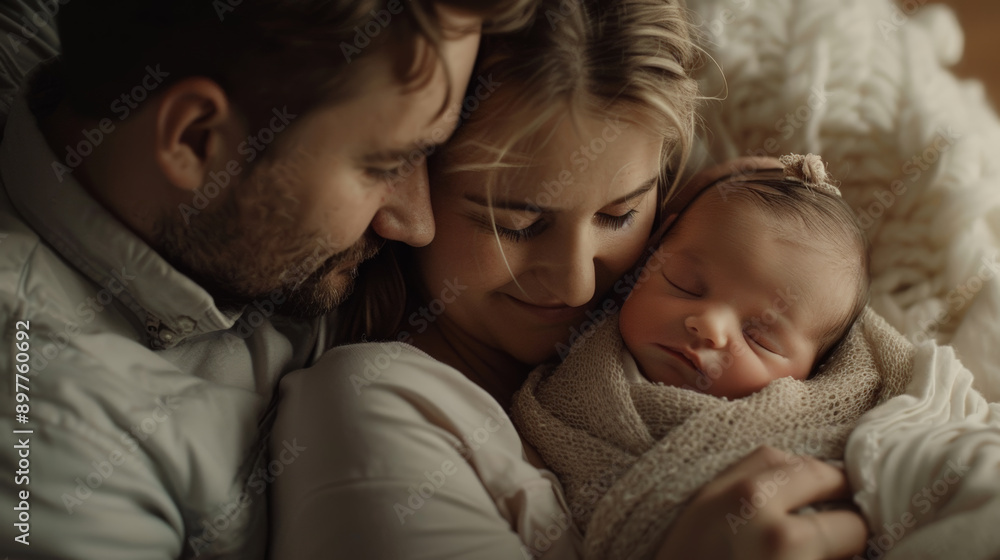 Family with a newborn in a delicate moment, parents and siblings taking care of the baby at home Family with a newborn in a delicate moment, parents and siblings taking care of the baby at home