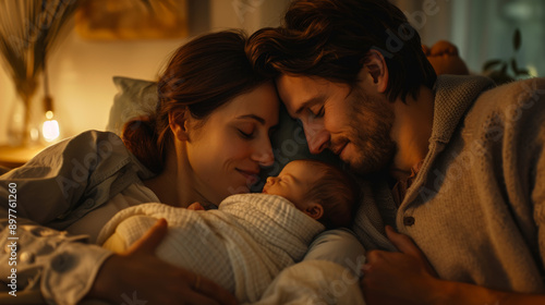 Family with a newborn in a delicate moment, parents and siblings taking care of the baby at home