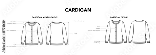 Cardigan details and measurements diagram sweater with names line style technical fashion illustration. Flat apparel template front, back view. Women, men unisex CAD mockup isolated on white