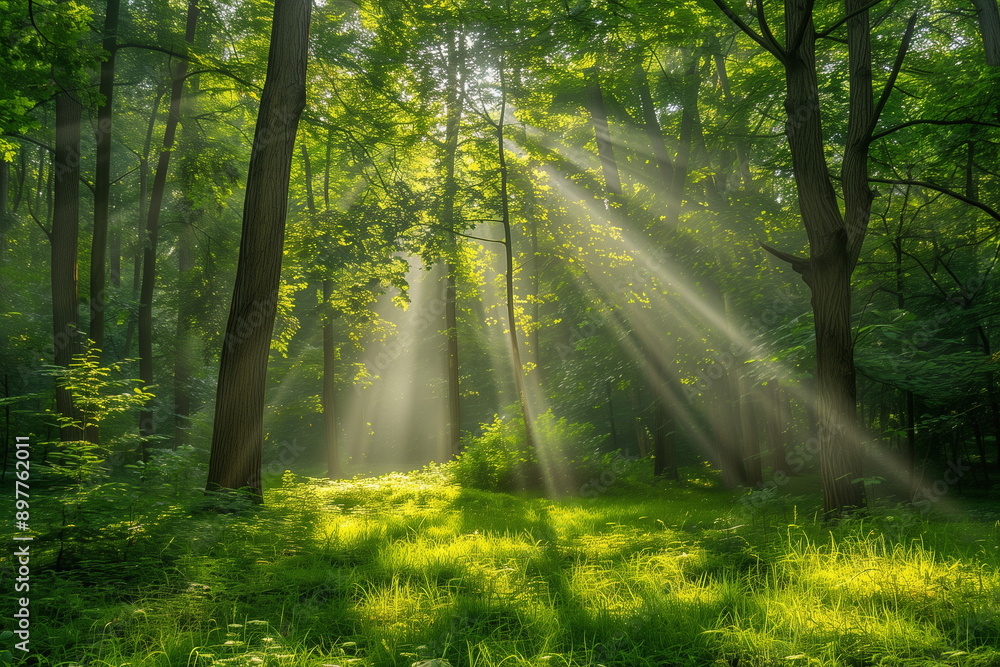 Obraz premium Landscape of beautiful scenery of waterfall in deep forest background, 3d rendering