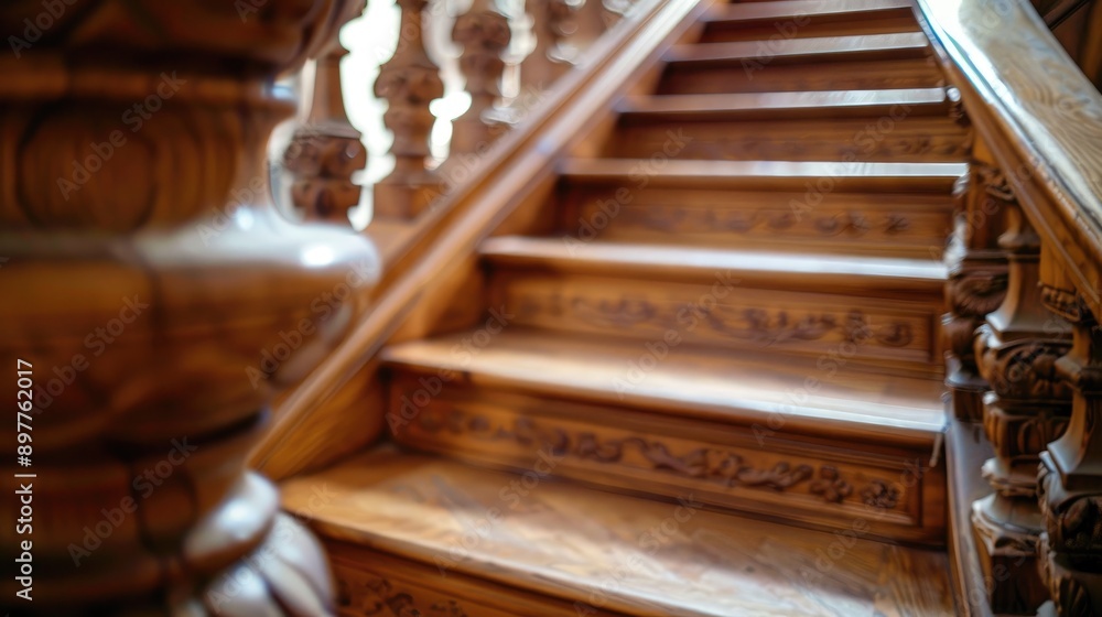 Interior wooden staircase landing close up Interior wooden staircase landing close up