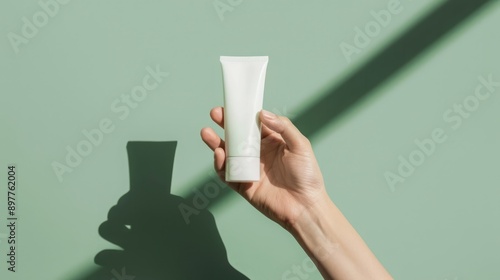 Over a pastel green backgroundwoman hand model holding a white tube without label Beauty product mockup Natural skincare products concept photo