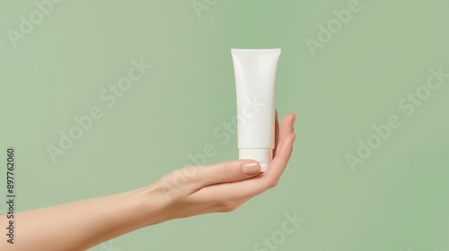 Over a pastel green backgroundwoman hand model holding a white tube without label Beauty product mockup Natural skincare products concept