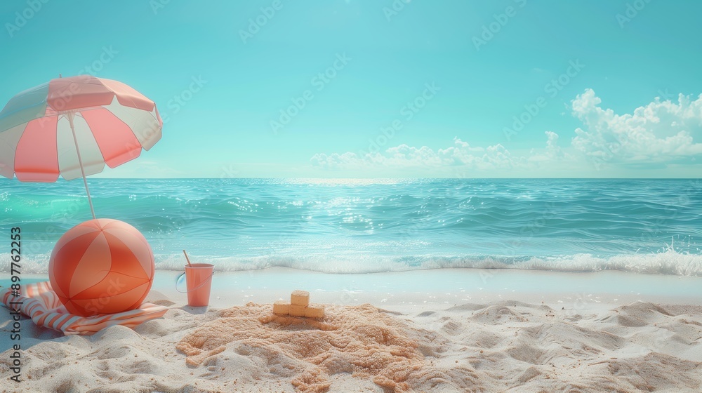 Naklejka premium Beach Umbrella and Beach Ball on Sandy Shore With Ocean Waves