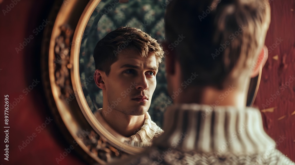 Obraz premium Man on mirror. Self care concept. Reflection in mirror. Concept of depression, suicide, stress, mental illness, loneliness and frustration