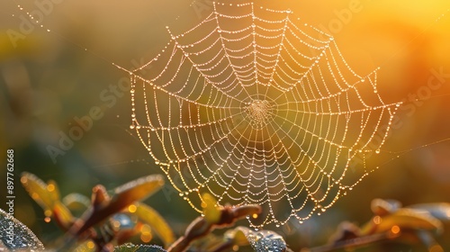 Close-up of a dew-covered spider web glistening in the morning light