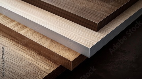 Close-up of chipboard coated with high-quality wood veneer. Medium-density pressed wood particle board for furniture manufacturing.