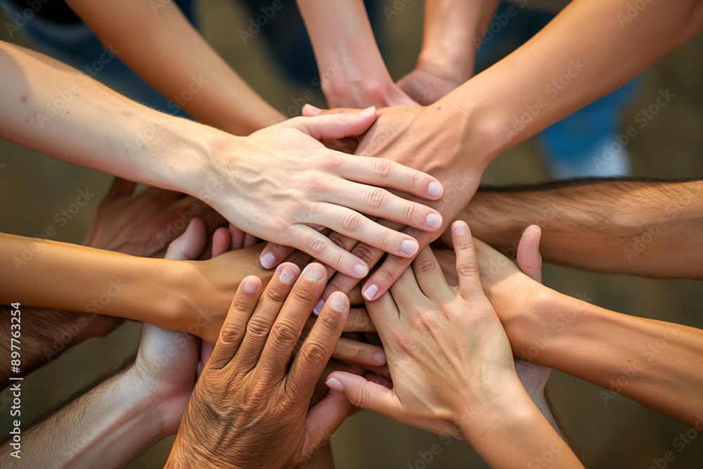 Stack of hands showing unity and teamwork Stack of hands showing unity and teamwork