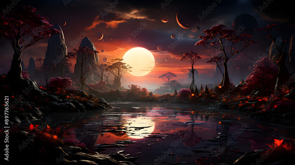 A surreal landscape with a large red sun and many moons. A river flows through the scene, which is filled with red and black trees and rocks. A surreal landscape with a large red sun and many moons. A river flows through the scene, which is filled with red and black trees and rocks.