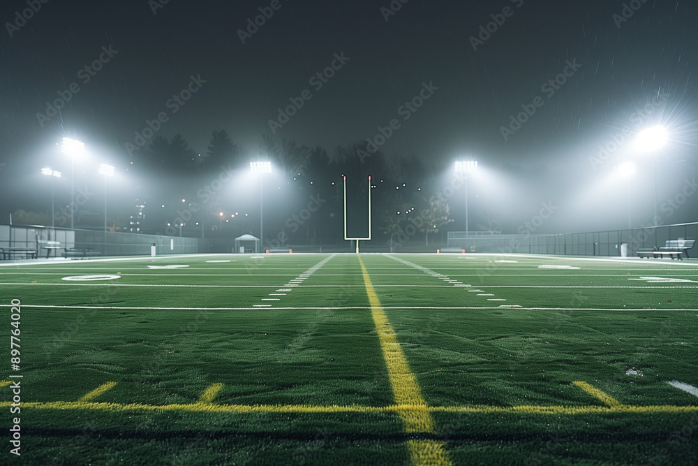 Football field illuminated by stadium lights Football field illuminated by stadium lights