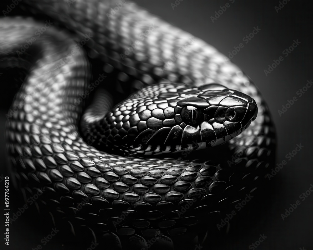 Obraz premium Design a minimalist banner with a rattlesnakes scales detailed in high contrast, set against a black background with room for text