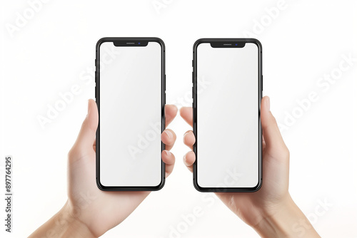 Hand holding the black smartphone phone with blank screen and modern frameless design in two rotated perspective positions - isolated on white background - Clipping Path