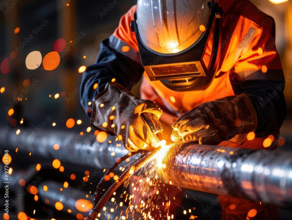 Design an image of a construction worker in a welding mask, fusing pipelines together in a dimly lit tunnel Design an image of a construction worker in a welding mask, fusing pipelines together in a dimly lit tunnel
