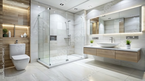 Sleek white minimalist toilet room featuring a wall-mounted toilet, modern sink, and spacious walk-in shower with a large glass enclosure and gleaming chrome fixtures.