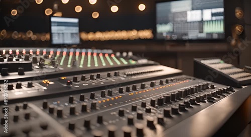 studio interior with digital sound mixing console and professional equipment