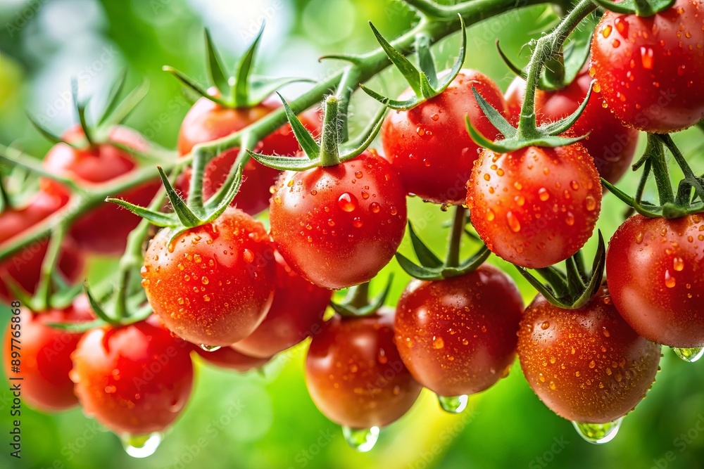 Obraz premium Freshly ripened cherry tomatoes cling to a lush green vine, their vibrant red skin glistening with dew, set against a pristine transparent background.