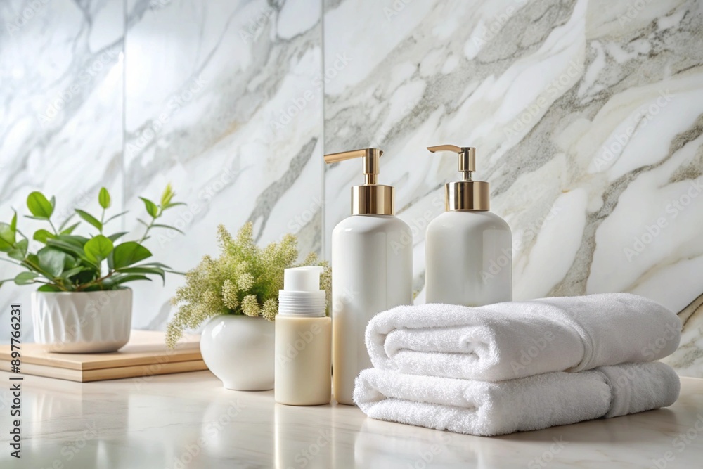 White towels neatly arranged with ceramic shampoo and soap bottles on a marble counter White towels neatly arranged with ceramic shampoo and soap bottles on a marble counter