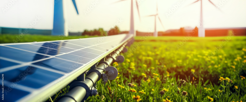 Solar Panel and Wind Turbines in a Field of Flowers: Clean Energy ...