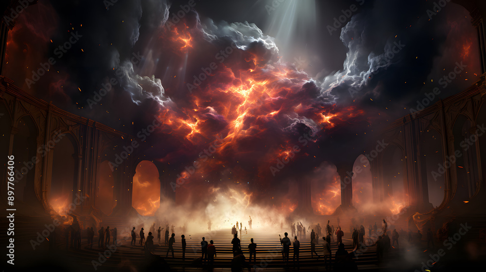 A grand hall with an arched ceiling illuminated by a swirling red sky. A crowd gathers on the stairs, their faces hidden in the hazy light. A grand hall with an arched ceiling illuminated by a swirling red sky. A crowd gathers on the stairs, their faces hidden in the hazy light.