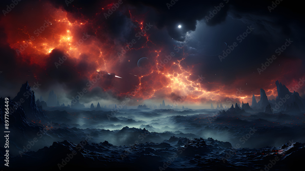 A dark and mysterious landscape, with tall, jagged peaks silhouetted against a swirling, red and orange sky. A dark and mysterious landscape, with tall, jagged peaks silhouetted against a swirling, red and orange sky.