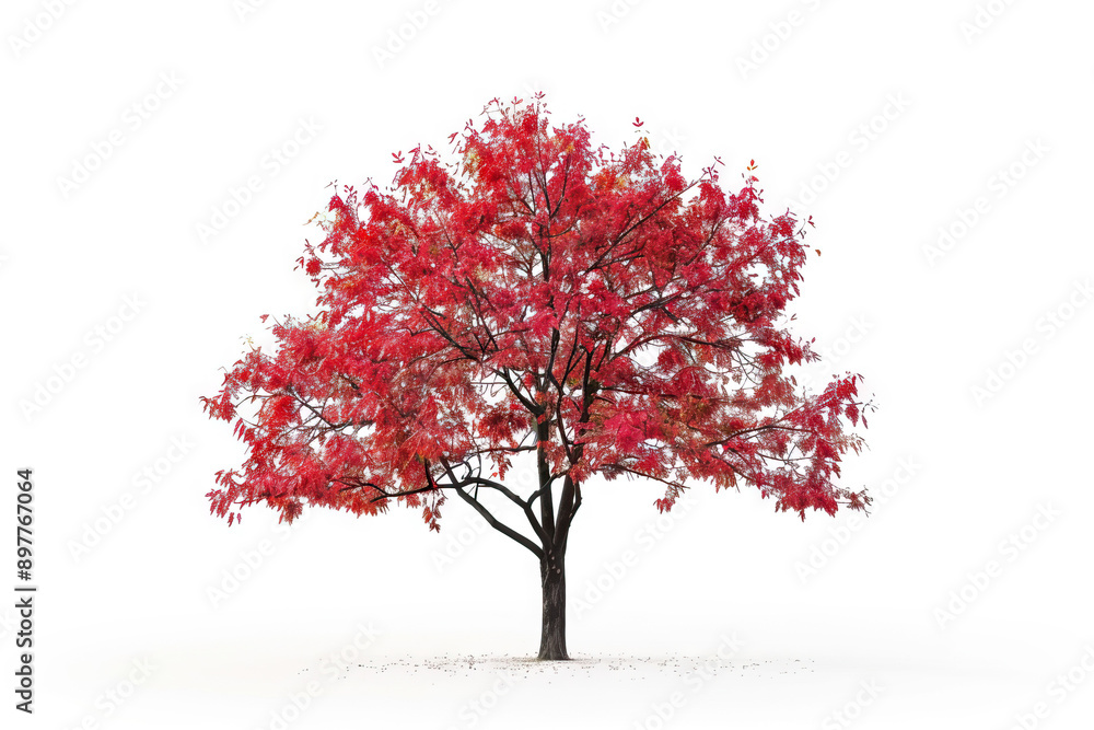 Fototapeta premium Majestic red autumn tree in full bloom, isolated on a white background, showcasing stunning fall colors.