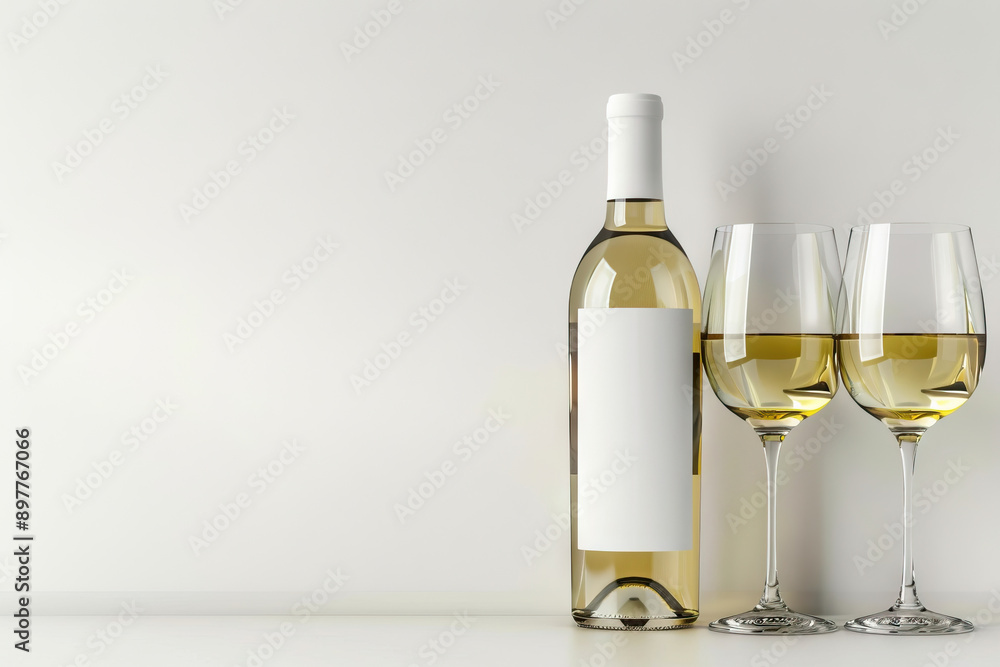 Contemporary white wine bottle with two filled glasses, set against a minimalist white background. Contemporary white wine bottle with two filled glasses, set against a minimalist white background.