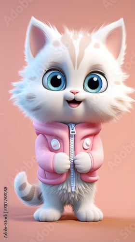 cute cat cartoon 3d render with one color background, generative ai