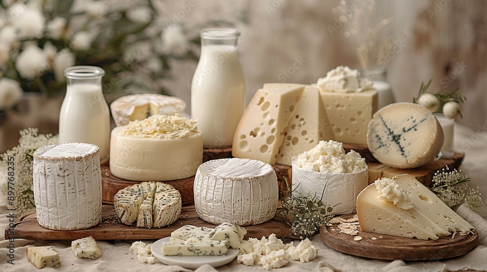 Assortment of Cheeses and Milk Assortment of Cheeses and Milk