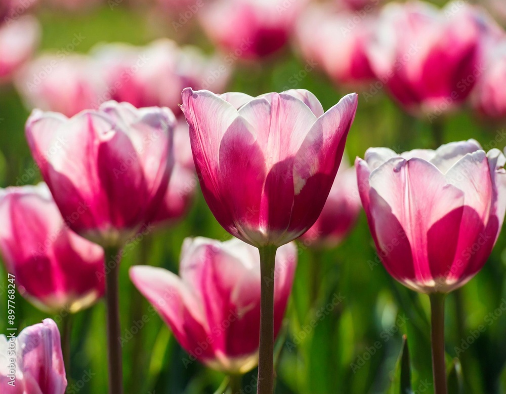 Pink tulip bloom, red beautiful tulips field in spring time with sunlight Pink tulip bloom, red beautiful tulips field in spring time with sunlight