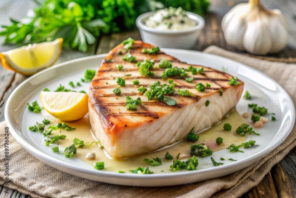 Freshly grilled swordfish steak, seared to perfection, served on a white plate with a sprinkle of parsley and a side of garlic butter sauce. Freshly grilled swordfish steak, seared to perfection, served on a white plate with a sprinkle of parsley and a side of garlic butter sauce.