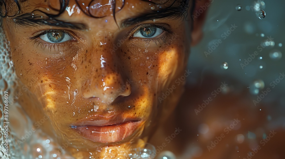 Close Up Portrait of Young Man With Blue Eyes and Wet Hair Under Running Water Close Up Portrait of Young Man With Blue Eyes and Wet Hair Under Running Water