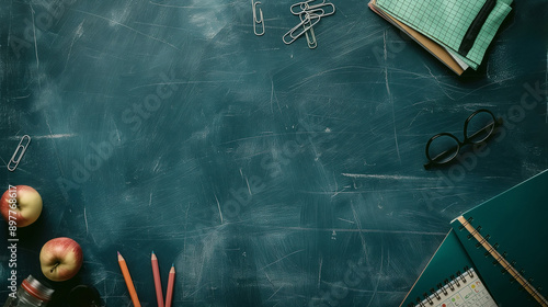 chool Supplies and Notebooks on Chalkboard Background, Ready for Back to School with Creative and Organized Design. photo