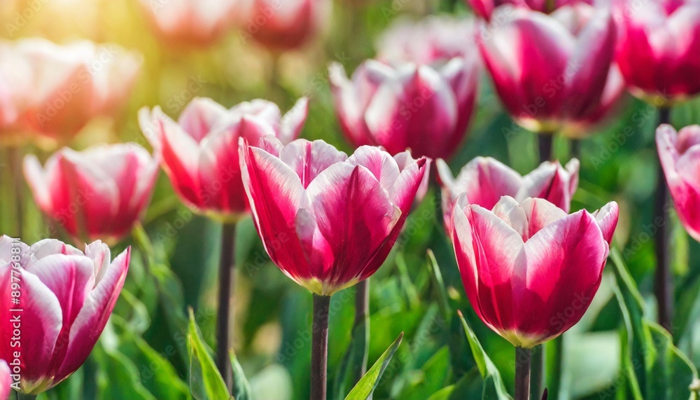 Pink tulip bloom, red beautiful tulips field in spring time with sunlight Pink tulip bloom, red beautiful tulips field in spring time with sunlight