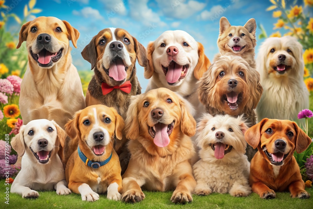 Diverse group of happy dogs from different breeds, including bulldog, poodle, beagle, and golden retriever, crowded together in a playful, colorful scene. Diverse group of happy dogs from different breeds, including bulldog, poodle, beagle, and golden retriever, crowded together in a playful, colorful scene.