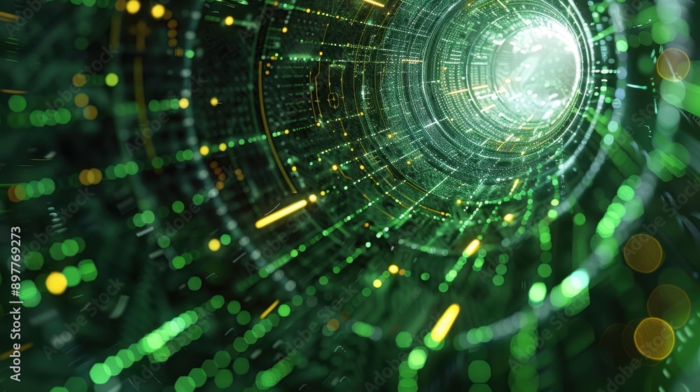 Abstract green digital tunnel with bright lines and glowing dots representing data and technology, with a futuristic cyberspace feel. Abstract green digital tunnel with bright lines and glowing dots representing data and technology, with a futuristic cyberspace feel.
