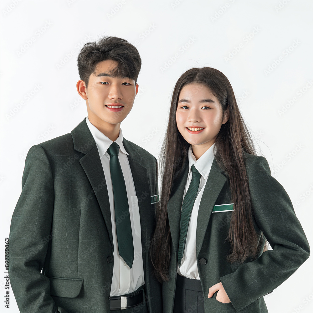 Two Happy Students boy and girl in School Uniform with Glasses, Ready for Back to School and New Academic Year. Two Happy Students boy and girl in School Uniform with Glasses, Ready for Back to School and New Academic Year.