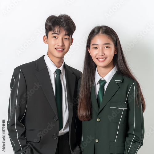 Two Happy Students boy and girl in School Uniform with Glasses, Ready for Back to School and New Academic Year. photo